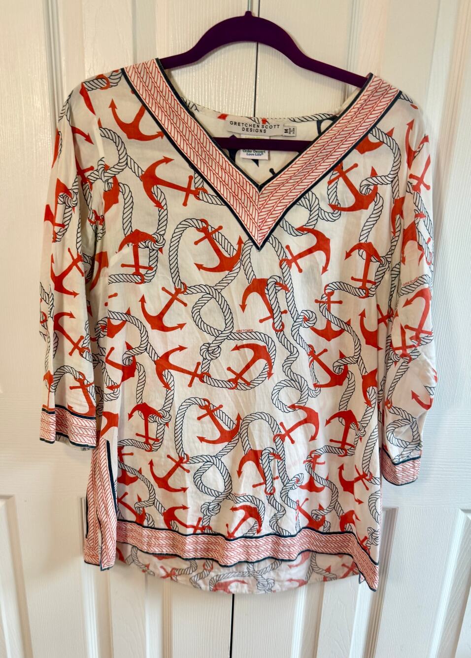 Gretchen Scott Designs "Anchors Away" Nautical V-Neck Tunic, M